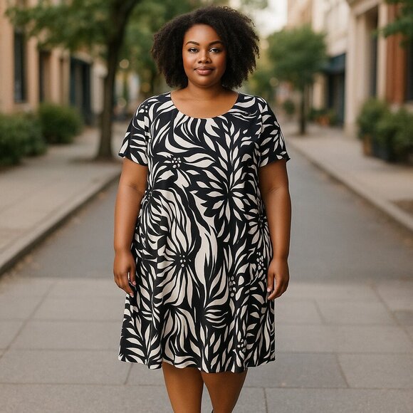 NWT ROZ & ALI SZ 2X Black & White Floral Print Stretch Short-sleeve Dress - Picture 1 of 9